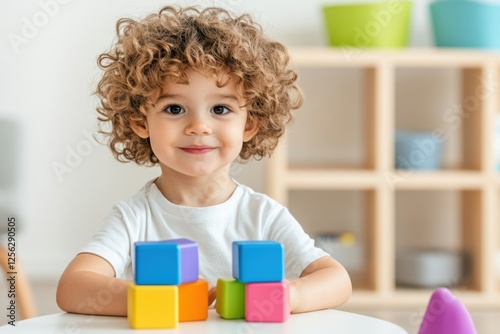 Bright and cheerful occupational therapy session with a young child practicing motor skills using colorful toys in a supportive environment