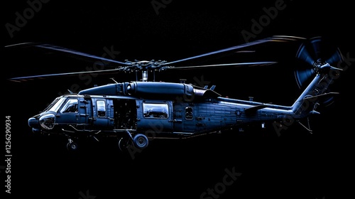 Black Hawk helicopter night flight, dark background, military transport