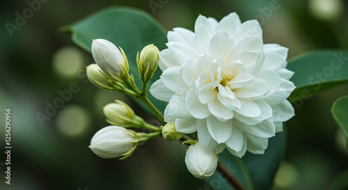  closeup beautiful white Indian jasmine or jasminum sambac flower on plant, in India known as mogra, jui, chameli, malti, mallika, jai in soft blur background photo