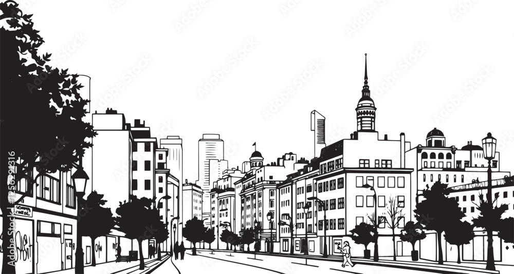 Obraz premium City landscape. Line urban backdrop. Different buildings on street, outline cityscape hand sketch, flat houses. Hand drawn vector illustration