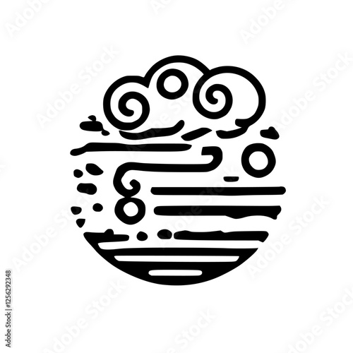 A minimalistic, symbolic representation of wind and water within a circular frame, a stylized depiction of nature's elements.