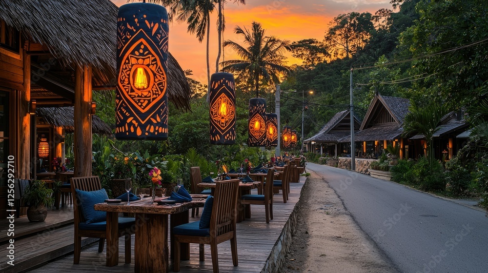 Obraz premium Tropical Restaurant Sunset Dinner Setting With Ornate Lanterns