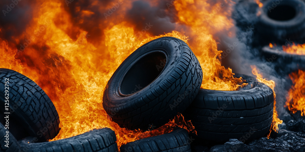 Black tires on fire, environmental, energy industry issues