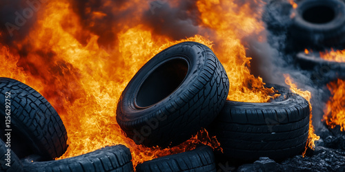 Obraz na płótnie Black tires on fire, environmental, energy industry issues w salonie