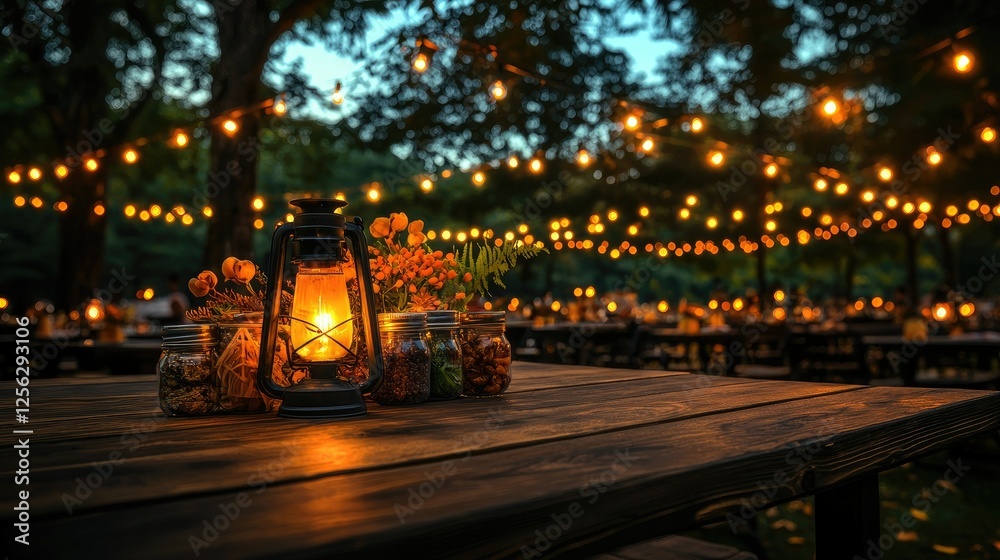 Obraz premium Lantern Lights Outdoor Evening Rustic Table Setting