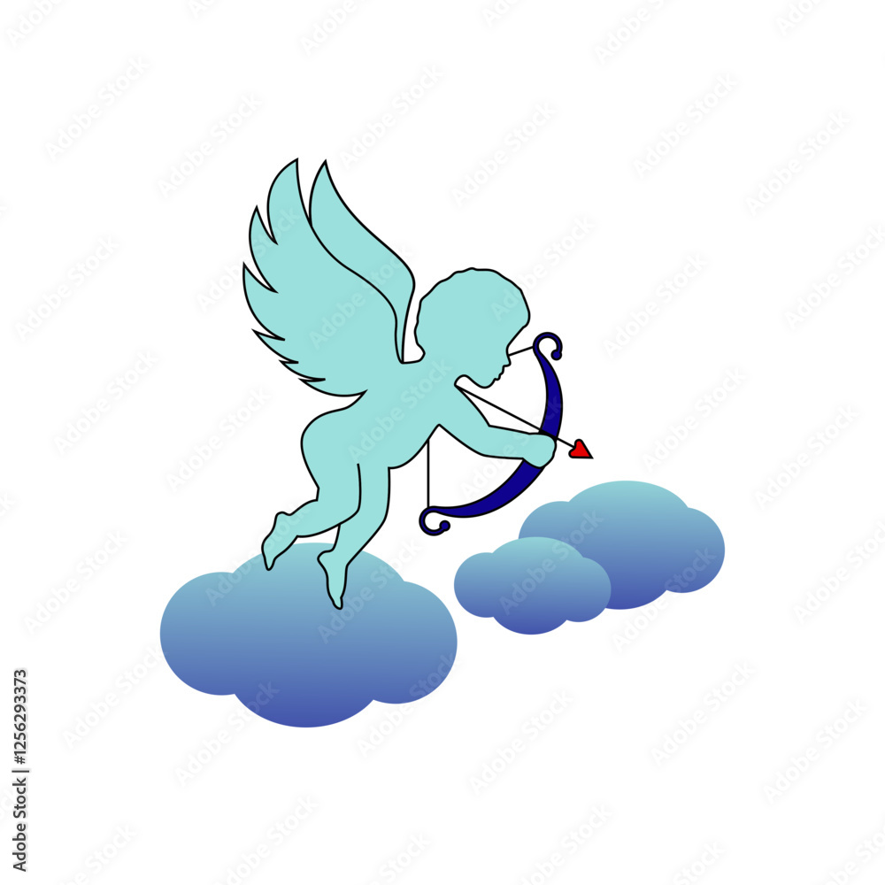 Fototapeta premium Cupid with bow and arrow in the clouds