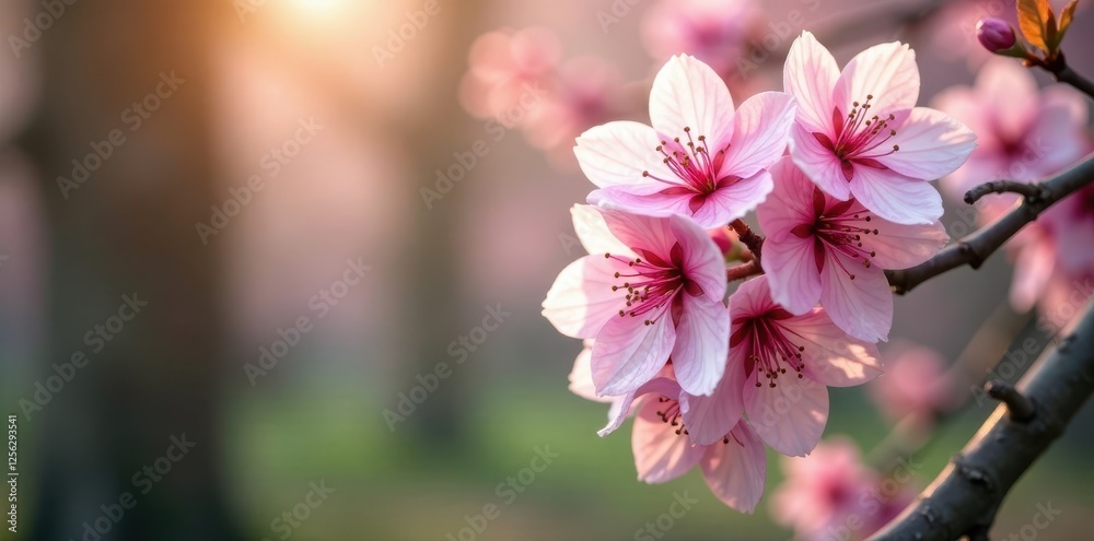 Pink cherry blossoms and their delicate stems in the forest, , leafy branches Pink cherry blossoms and their delicate stems in the forest, , leafy branches