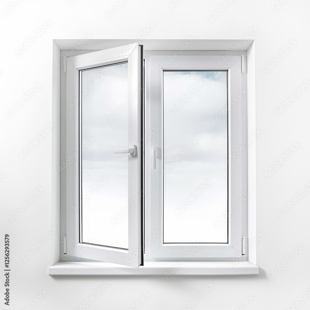 Double white window design with one side open against a white wall in a modern interior setting Double white window design with one side open against a white wall in a modern interior setting