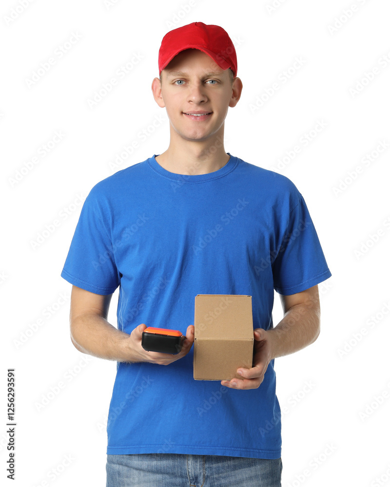 Happy courier with payment terminal and parcel on white background Happy courier with payment terminal and parcel on white background