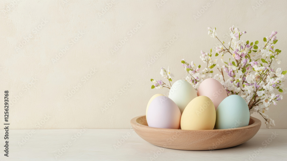 Beautifully arranged pastel Easter eggs with delicate spring blooms set against a soft background for a minimalist spring celebration