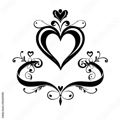 Black and White Heart-Shaped Floral Pattern with Detailed Adornment and Ornamentation.
