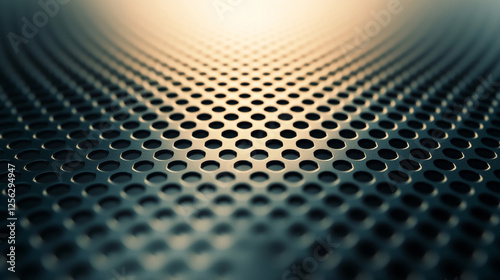 Fisheye perspective showcasing a dark metallic perforated surface with hexagonal holes illuminated by soft gradient lighting