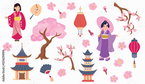 Hanami set with Japanese girls, cherry blossoms, houses, lanterns and fans. On a white isolated background
