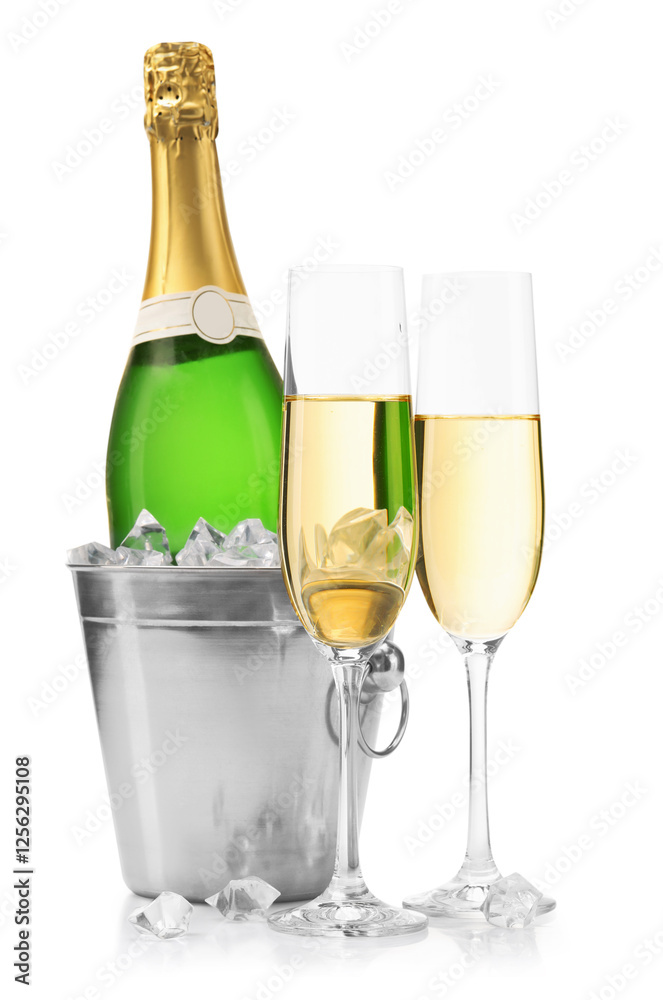 Champagne and bucket with ice isolated on white Champagne and bucket with ice isolated on white