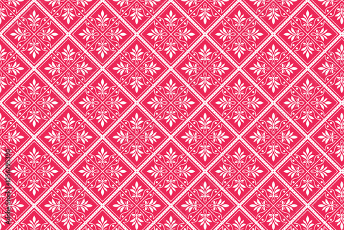 Ethnic-inspired seamless pattern featuring Azulejo ceramic tile design, Zellige ornamentation, and Talavera tracery motifs. Influenced by Portuguese, Spanish, Mexican, and Brazilian folk art.