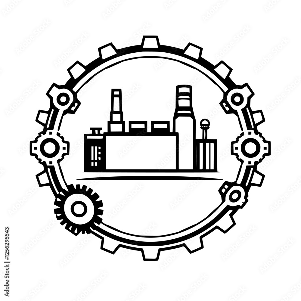 Naklejka premium Industrial Factory encircled in Gears, representing industry and manufacturing, with a minimalist and technical style.