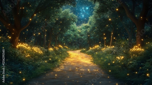 Enchanted forest path illuminated by glowing fireflies under a starry sky at twilight