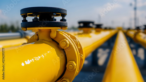 Fisheye angle view of a natural gas pipeline system showcasing yellow conduits and safety valves for efficient energy transport and management