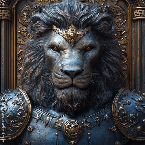 A regal lion sculpted in intricate detail, wearing ornate armor, symbolizing strength and nobility. This artistic piece blends mythological themes with exquisite craftsmanship. photo