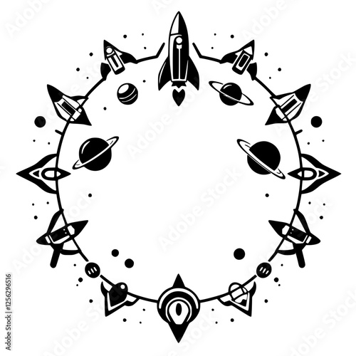 Black and white circular illustration of spaceships, planets, and stars in an orbital orbit formation.