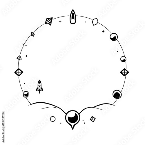 Stylized rocket launch, space exploration, with various symbols and a circular arc design.
