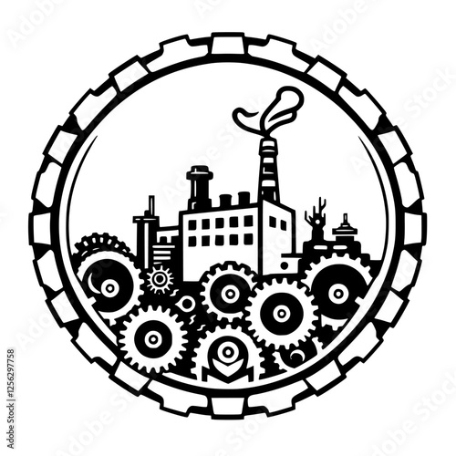 Industrial steampunk factory illustration in a circular gear frame, set against white.
