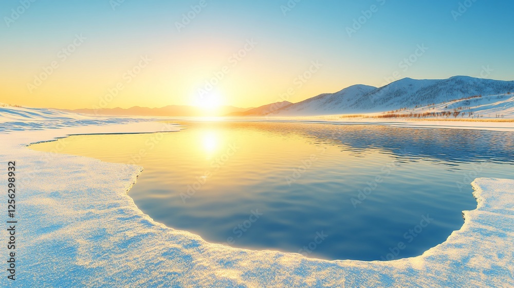 Frozen lake sunrise, mountains reflecting, winter wonderland Frozen lake sunrise, mountains reflecting, winter wonderland