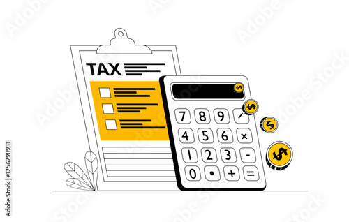 Calculator and tax form. Vector illustration on the topic of taxes and personal finance. Modern vector illustration in linear style.