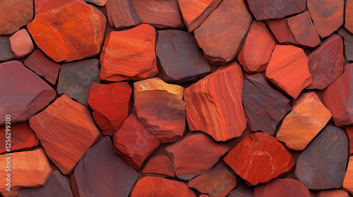 Colorful red stone wall featuring various shapes and textures in a harmonious arrangement photo