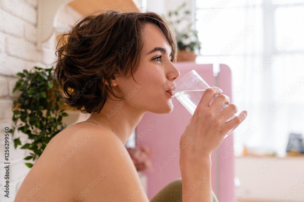 healthy slim woman in kitchen in the morning, diet food wellness healthy slim woman in kitchen in the morning, diet food wellness
