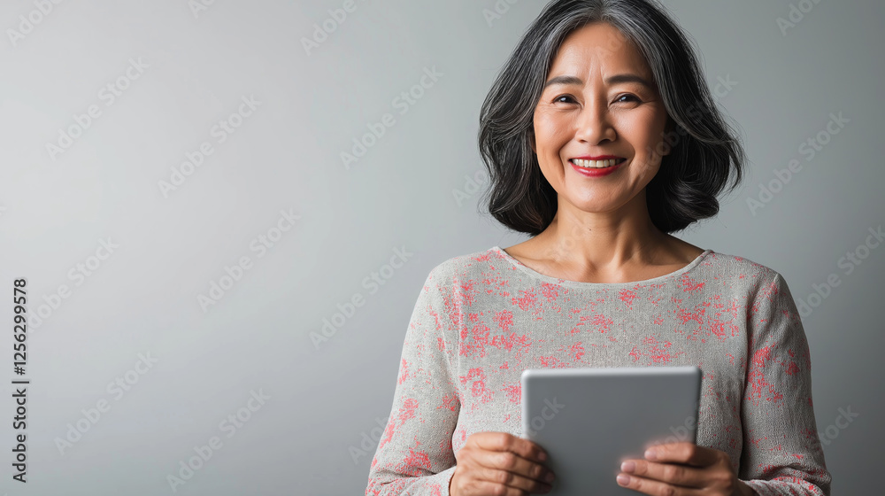 Cheerful middle aged Asian woman interacts with smart home security settings using a tablet while standing in a modern studio background Cheerful middle aged Asian woman interacts with smart home security settings using a tablet while standing in a modern studio background