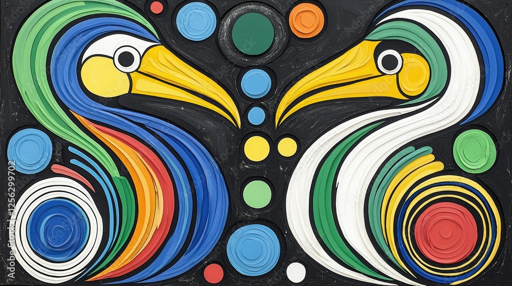 Fototapeta premium Colorful Birds Abstract Art Piece Featuring Layered Curves