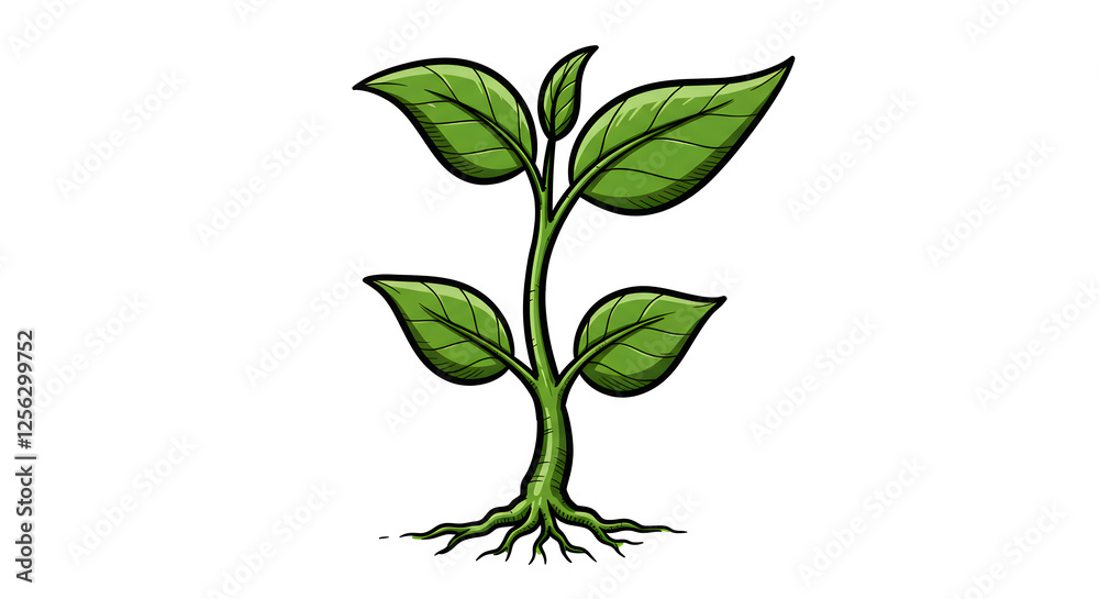 Fototapeta premium Cartoon Sprout Illustration with Green Leaves and Visible Roots. Generative AI