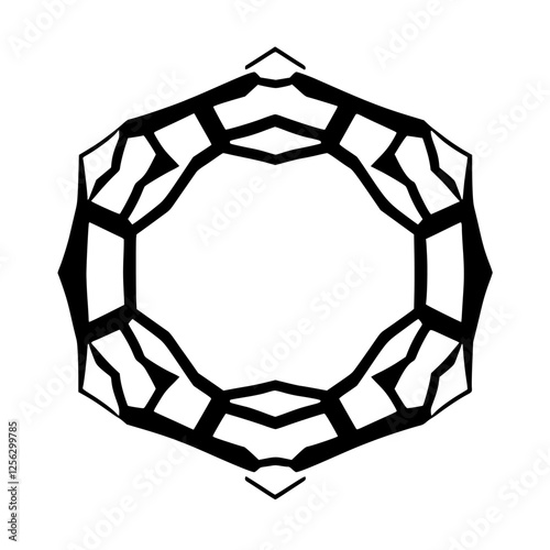 Abstract geometric black and white pattern with a hexagonal shape and a central open void, surrounded by angular black lines.