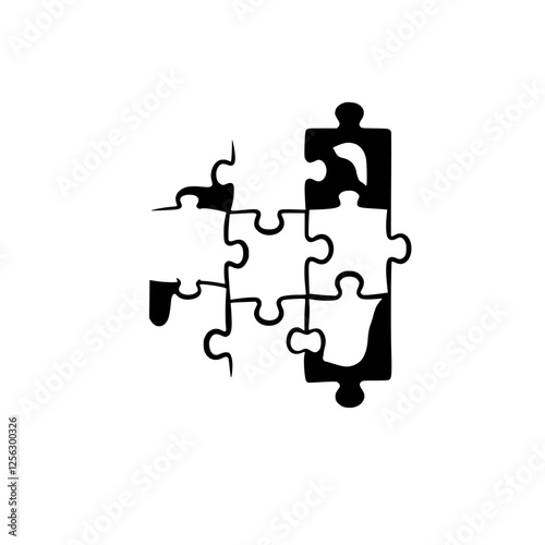 Black and white puzzle pieces on a white background, forming a partial assembly of jigsaw pieces, with an unfinished look.