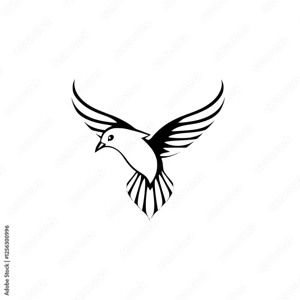 Fototapeta premium Black and White Dove Illustration: A stylized dove in flight with wings spread wide.