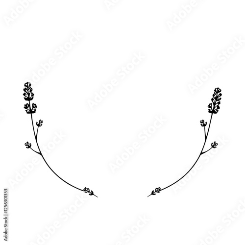 Minimalist floral illustration of two curving stems with lavender-like flowers, white backdrop.