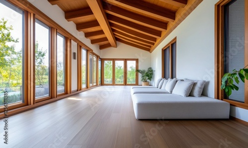 Spacious Modern Interior with Wooden Accents and Large Windows