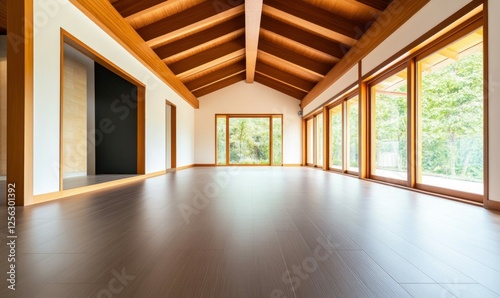 Spacious Modern Interior with Wooden Accents and Large Windows