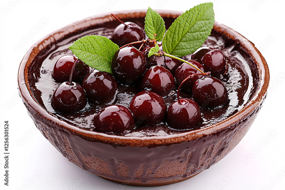 Glossy cherries and green leaves in chocolate sauce, served in an earthenware bowl. Glossy cherries and green leaves in chocolate sauce, served in an earthenware bowl.