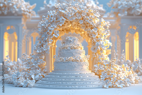 Obraz na płótnie Elaborate white wedding cake under a floral archway, displayed on stepped tiers, with architectural details and soft lighting. w salonie