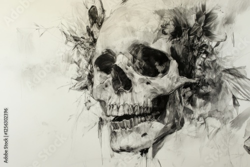 This captivating artwork features a striking skull entwined with floral elements, blending themes of mortality and beauty through a masterful use of monochrome shades. photo