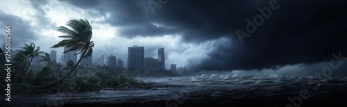 Fierce hurricane winds hit coastal city with dark stormy sky