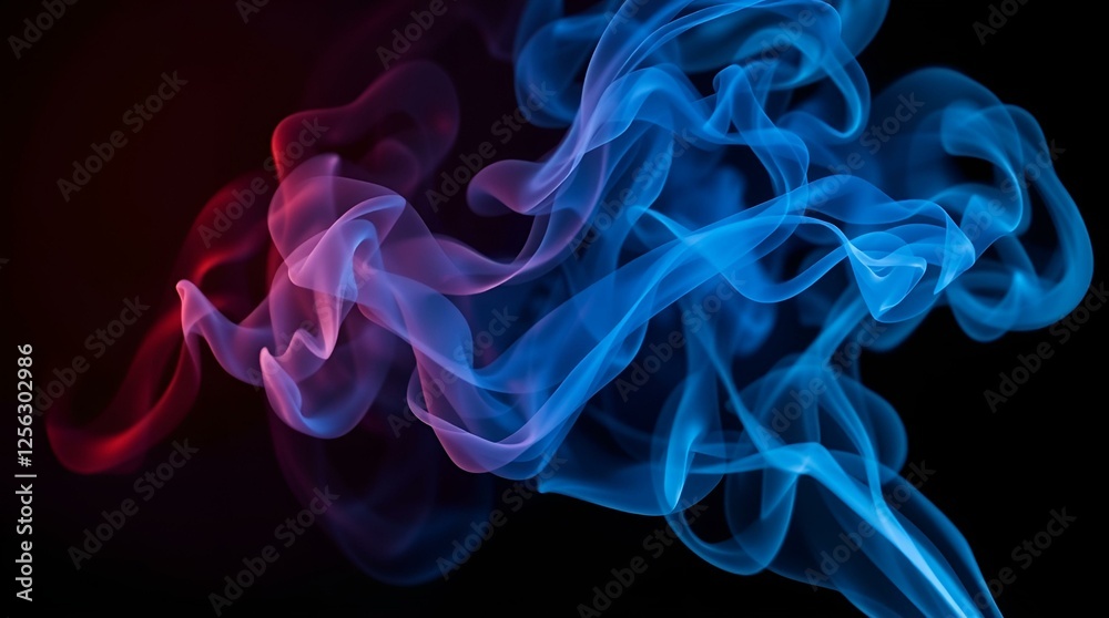 Fototapeta premium Dynamic swirling smoke in shades of blue and red against a black background