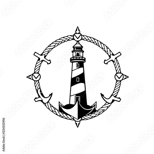 Black and white nautical lighthouse logo design, featuring lighthouse, anchor, rope, and ornate embellishments in monochrome.