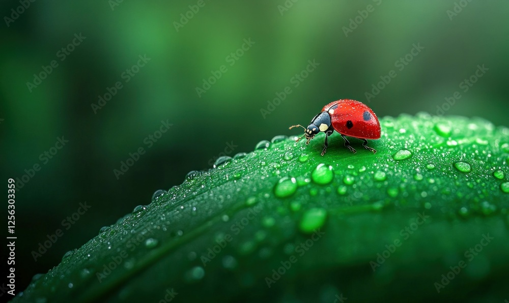 Obraz premium Hyper Detailed Macro Capture of Vibrant Ladybug on Dewy Green Leaf