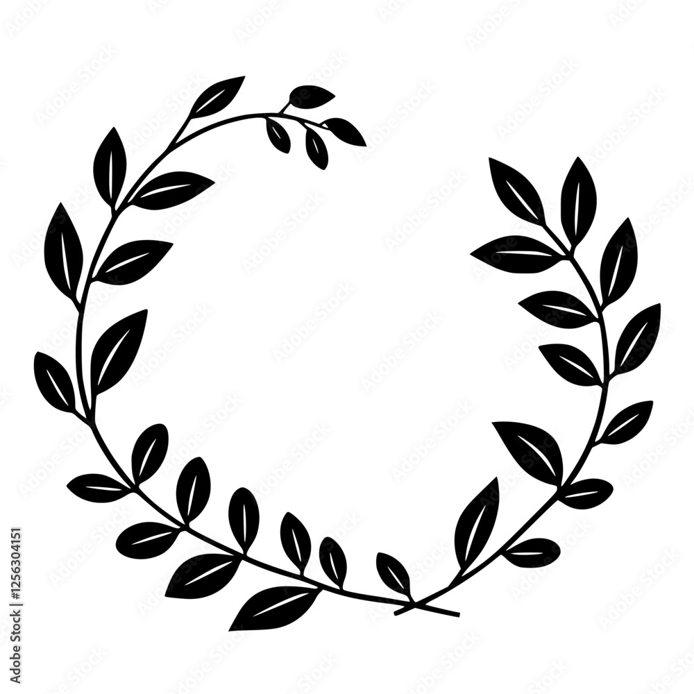 Black and white image of a symmetrical laurel wreath composed of leaves, forming an oval. Black and white image of a symmetrical laurel wreath composed of leaves, forming an oval.