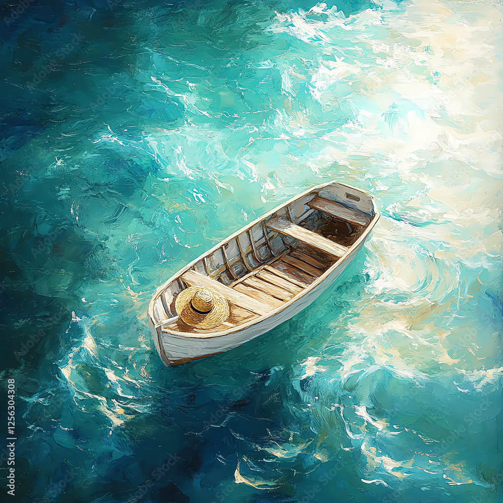 A serene view of a solitary boat floating gently on crystal-clear turquoise waters, surrounded by vibrant waves reflecting sunlight. A serene view of a solitary boat floating gently on crystal-clear turquoise waters, surrounded by vibrant waves reflecting sunlight.