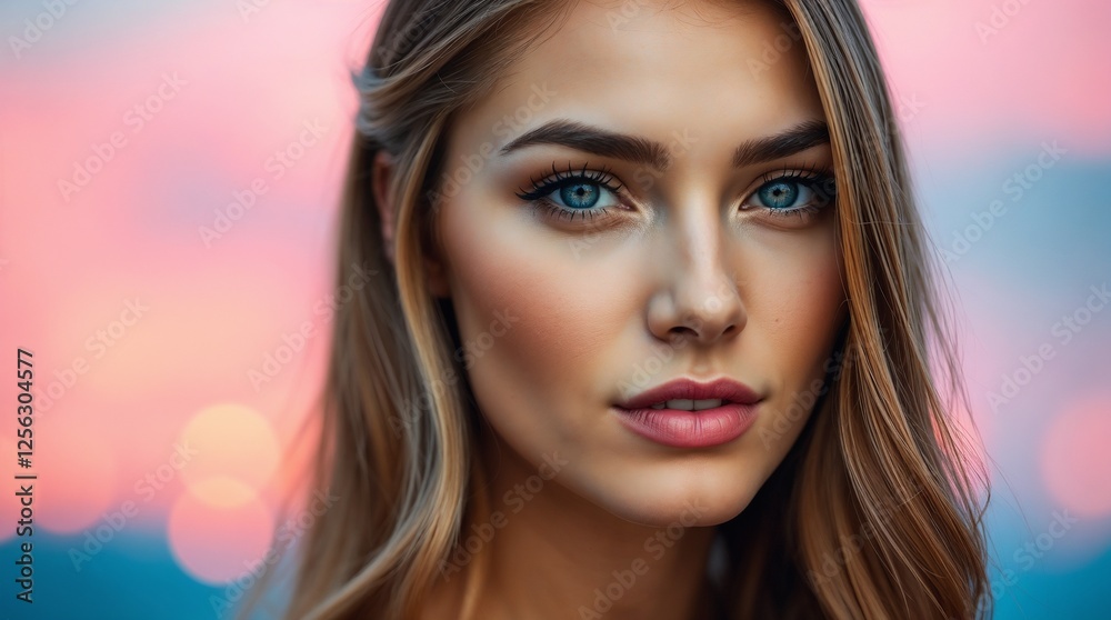 Close-up of a young woman with captivating blue eyes against a colorful sunset background Close-up of a young woman with captivating blue eyes against a colorful sunset background