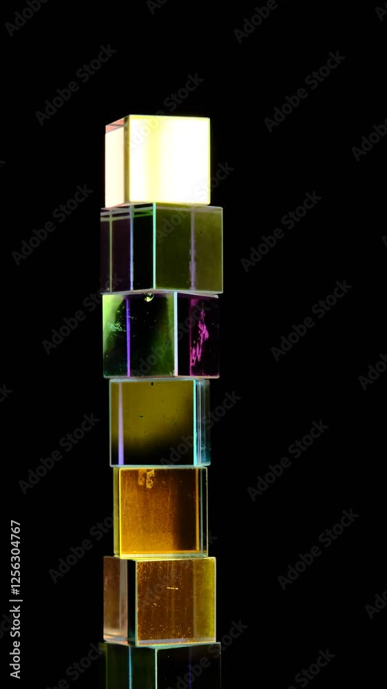 Crystal cube prism with refraction and holographic effect on dark background Crystal cube prism with refraction and holographic effect on dark background